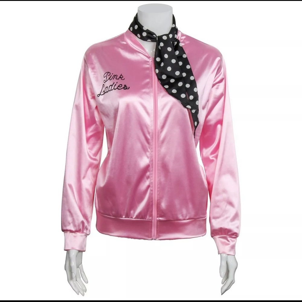Ladies 50s Pink Satin Grease Jacket w/ Neck Scarf